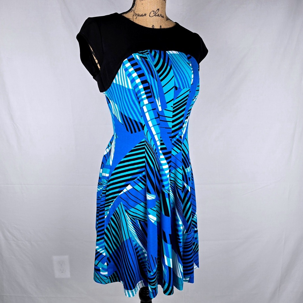 Signature by Robbie Bee Black-Yoke Blue Abstract Midi Dress